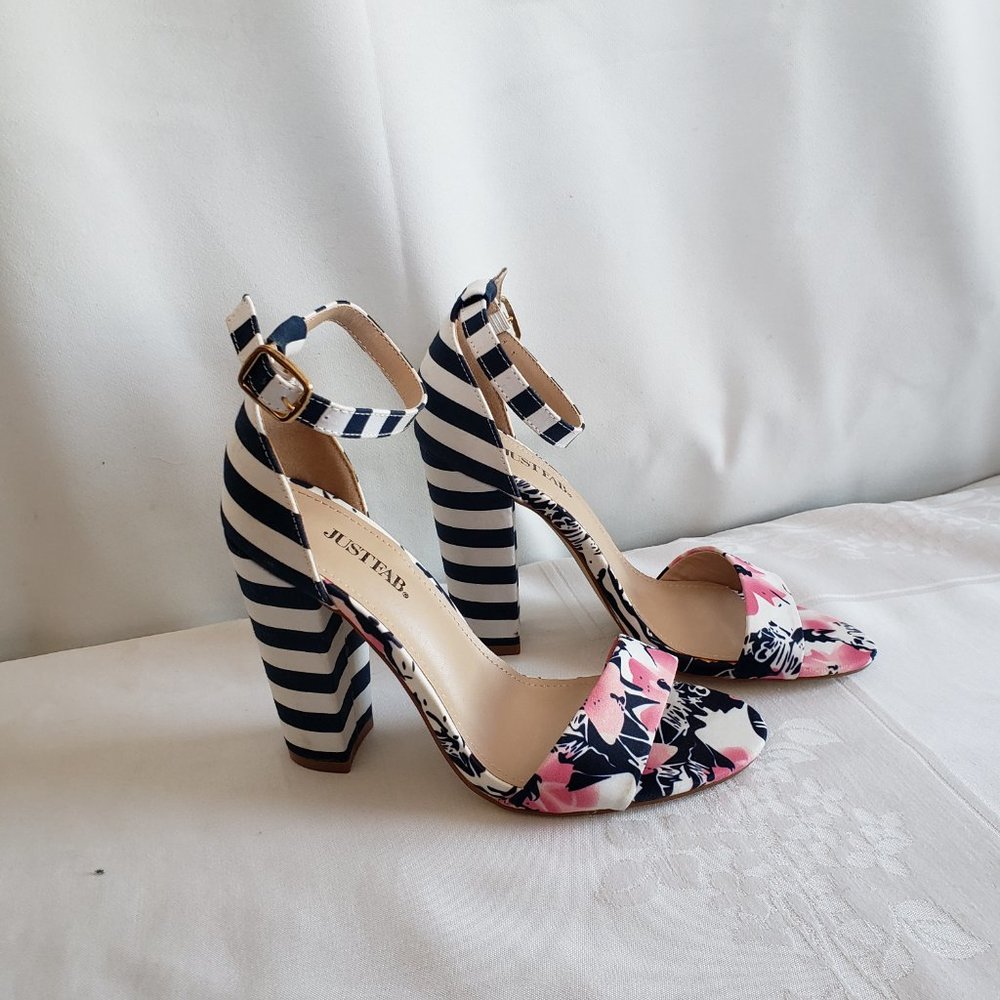 Size 7 JustFab Lena 4" Block heal sandal. Stripes and Floral.  Ankle strap. - Picture 2 of 12